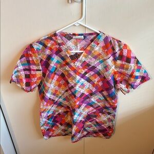 ScrubZone Women’s XS Colorful Plaid V Neck Short Sleeve Scrub Top